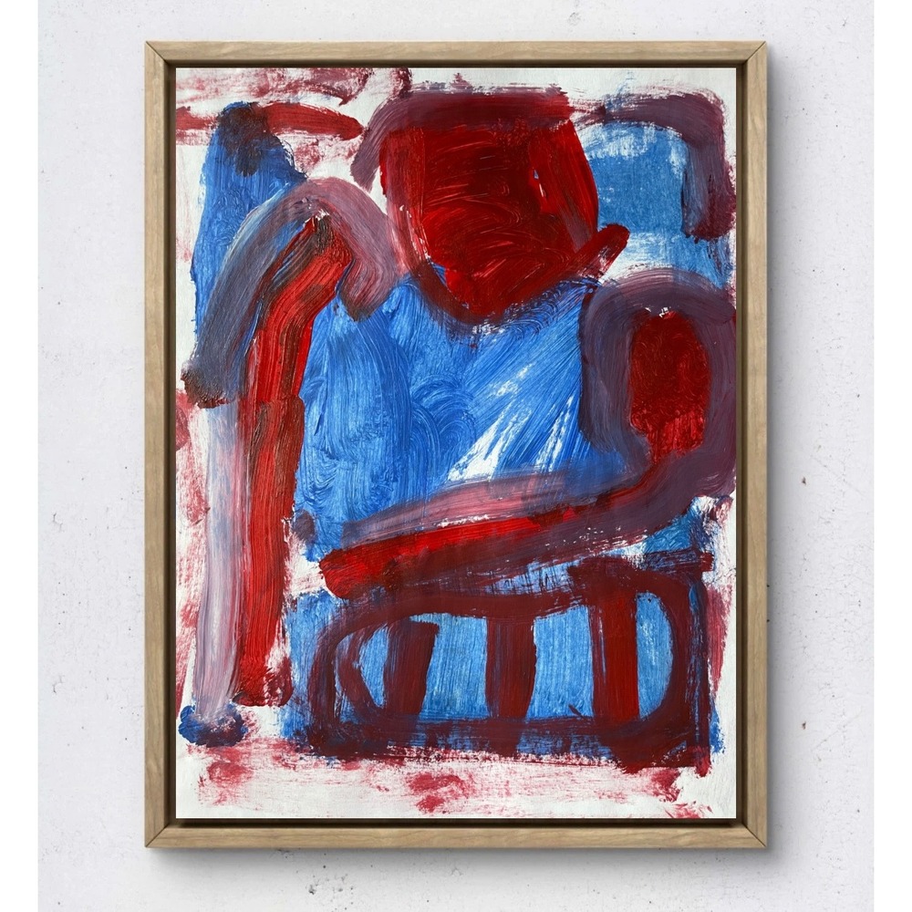 Abstract Expressionist Oil Painting Red Blue Figurative Brutalist Art 8.5x11